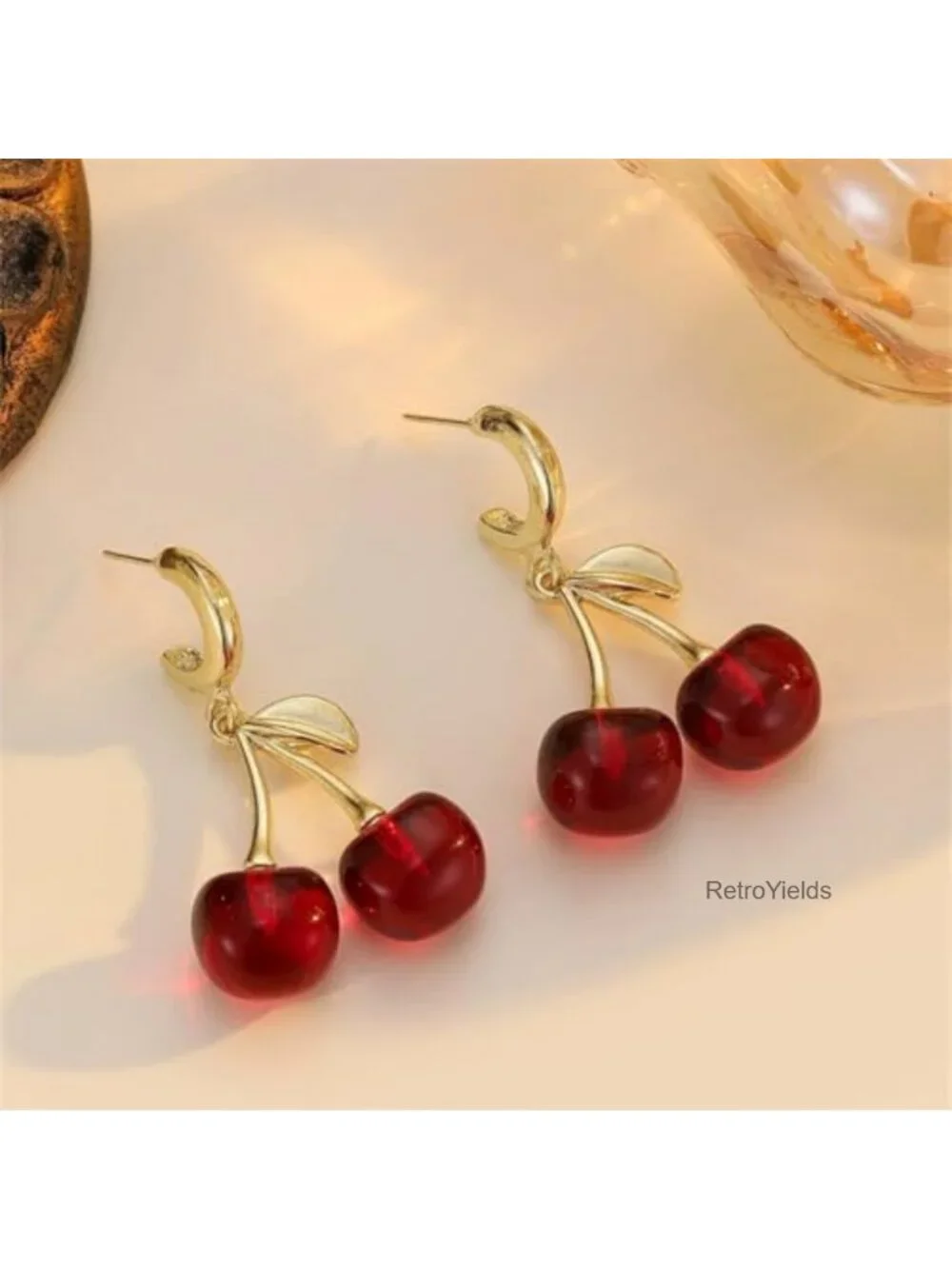Cute Red Cherry Fruit Drop Dangle Earrings Women Statement Gold Leaf Jewelry
